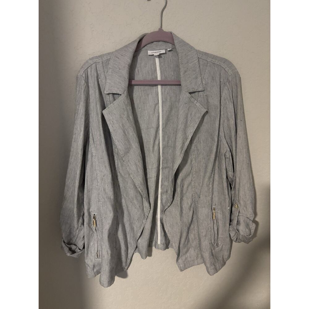 Chico's Linen Blend Blue White Pinstripe Open Front Roll-Tab Sleeve Jacket 3